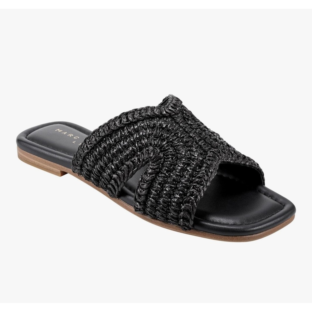 Marc Fisher LTD Black Woven Raffia Slide Sandals Square Toe Flat Mules SZ 6M
